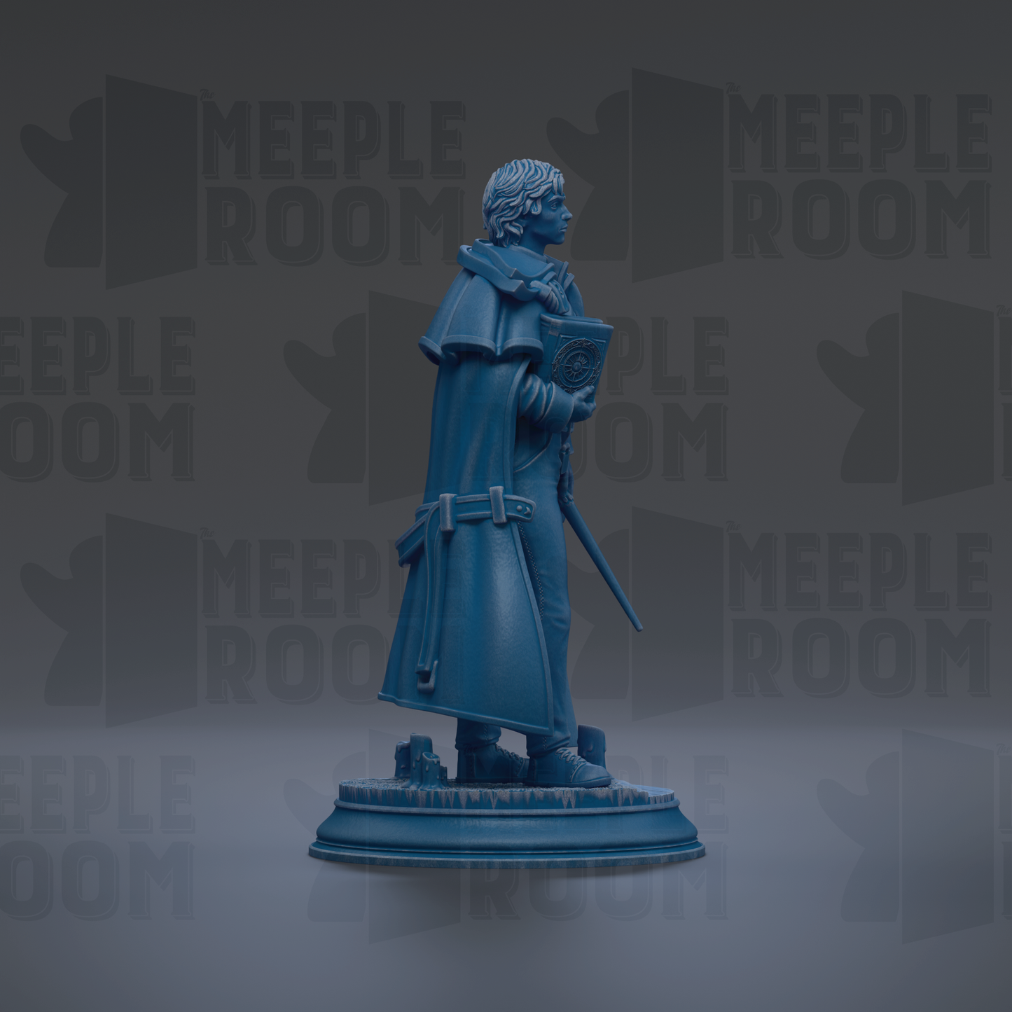A blue statue of a person standing on a pedestal, holding a book and a staff.