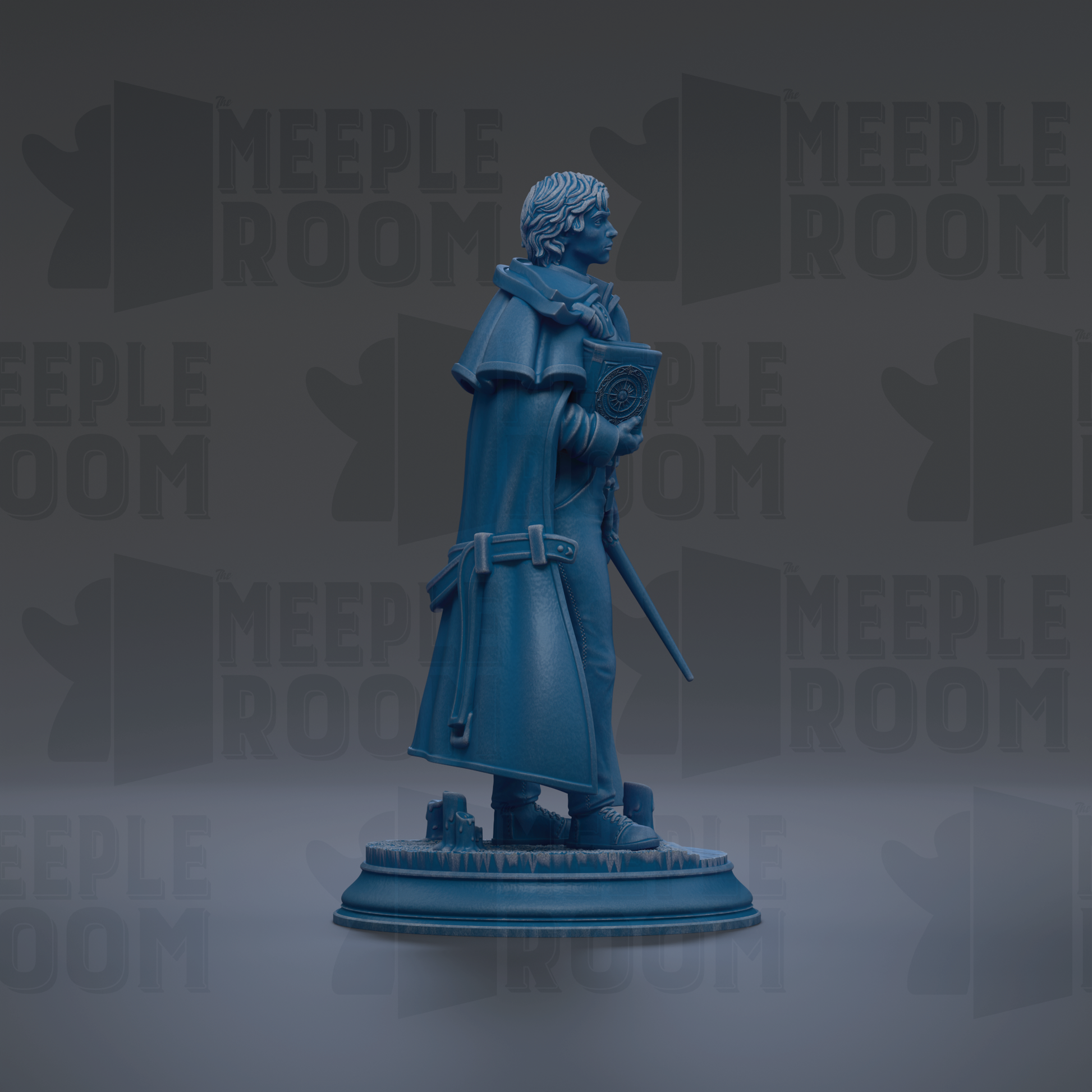 A blue statue of a person standing on a pedestal, holding a book and a staff.