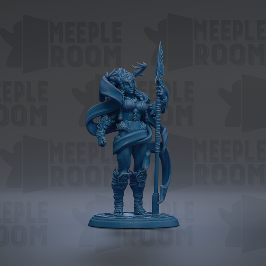 A blue figurine of a female warrior standing on a base, holding a spear and wearing a headdress.