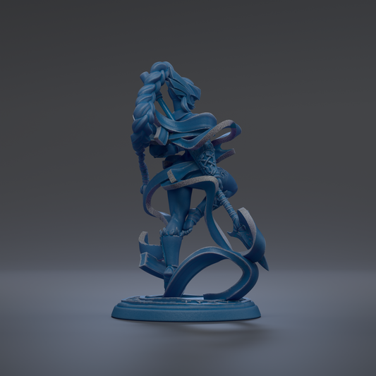 A blue, abstract statue of a figure with flowing, twisted hair and a dynamic pose, standing on a base.