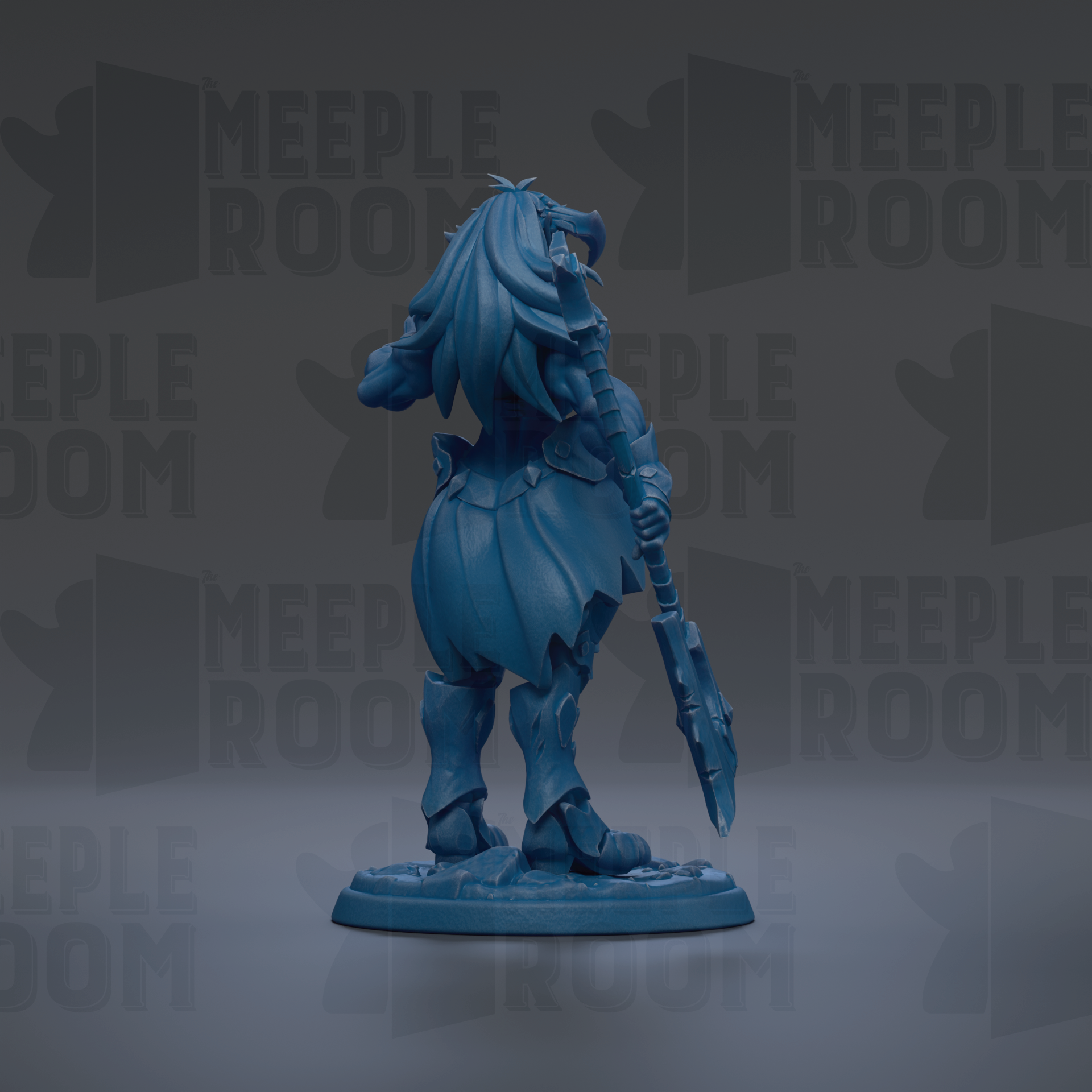A blue figurine of a warrior-like character with a long, flowing cape and holding a weapon, standing on a base against a dark background with repeated text.