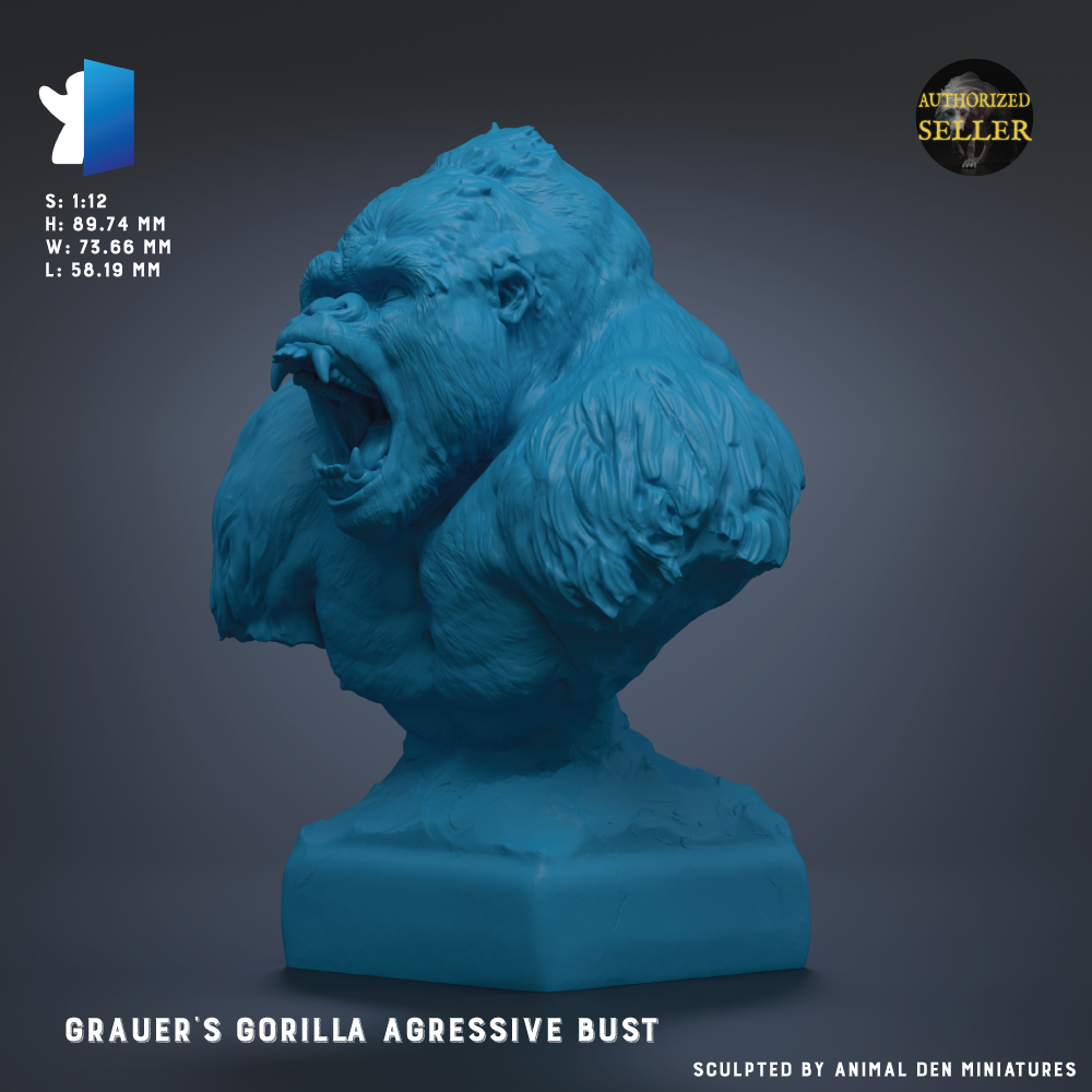 a blue bust of a gorilla, specifically the aggressive bust of Grauer's gorilla, which is a miniature model of a gorilla.