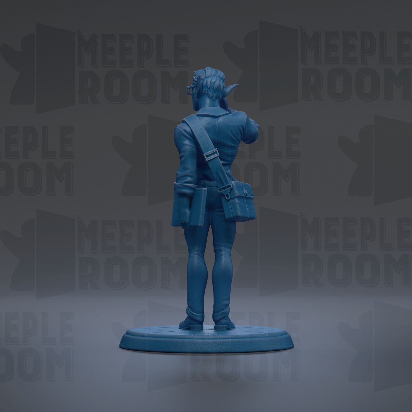 A blue figurine of a person standing with a bag on their back, against a dark background with repeated text.