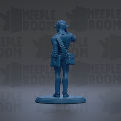 A blue figurine of a person standing with a bag on their back, against a dark background with repeated text.