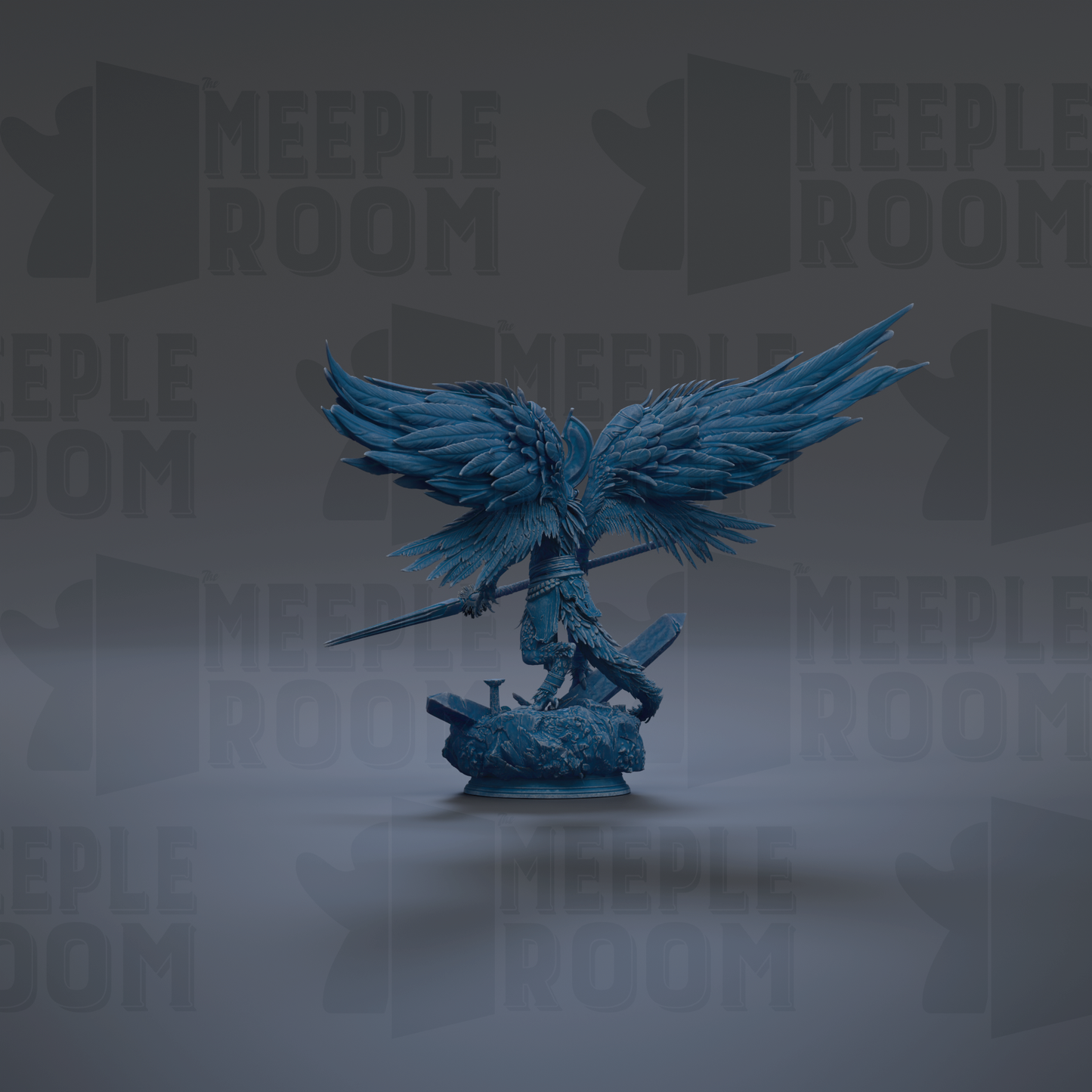 A blue statue of a winged figure with a sword stands prominently against a dark background with repeated "MEIPLLE ROOM" text.