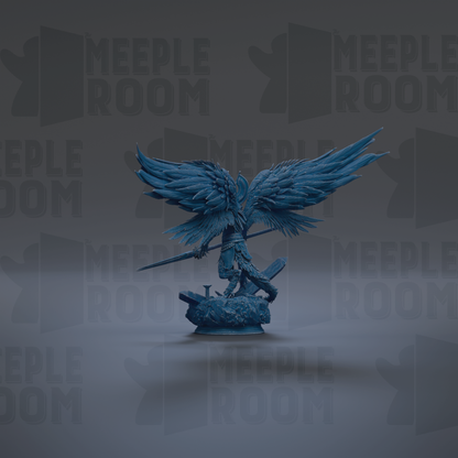 A blue statue of a winged figure with a sword stands prominently against a dark background with repeated "MEIPLLE ROOM" text.