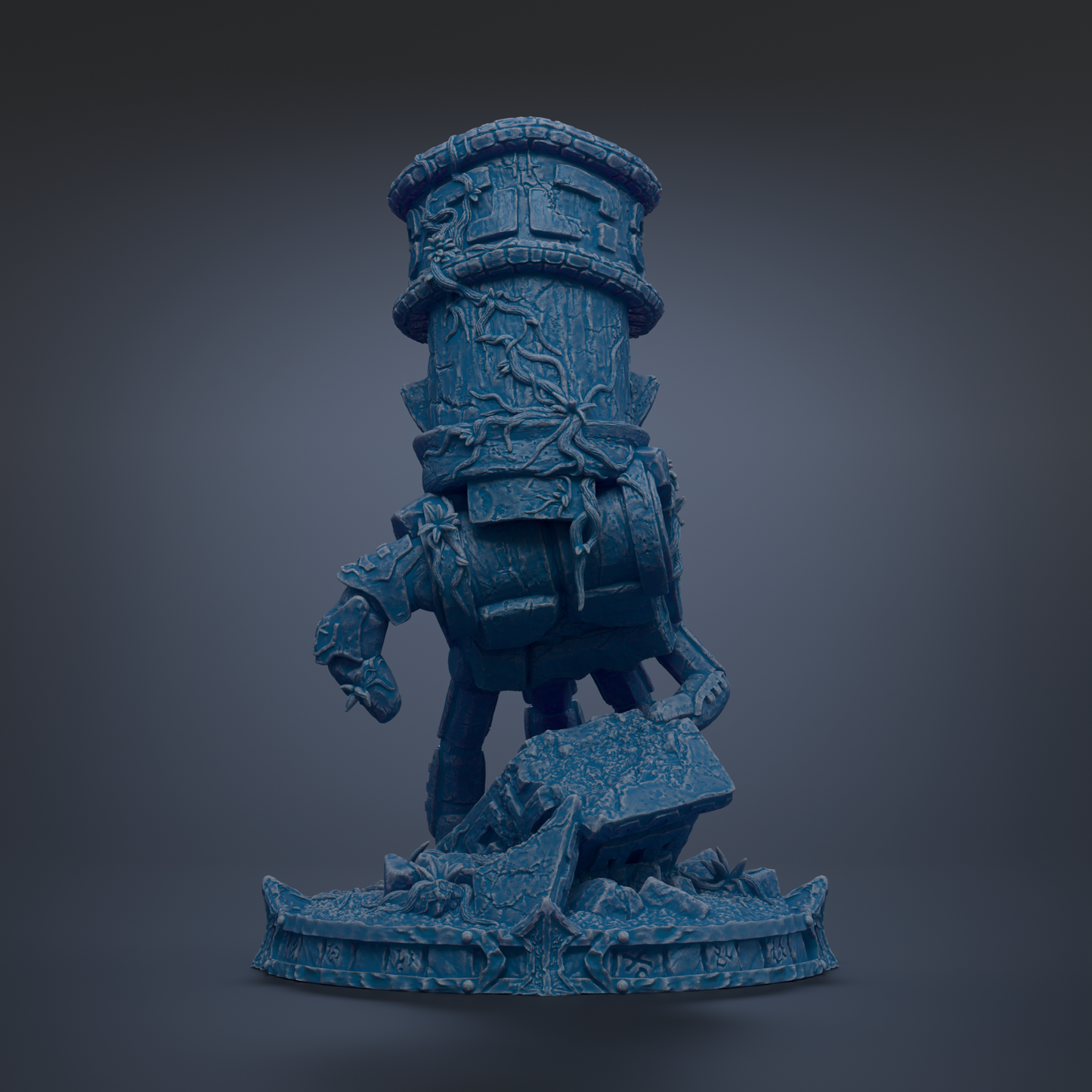 A 3D rendering of a blue, stone-like statue or sculpture depicting a horse-like creature with a tower-like structure on top.