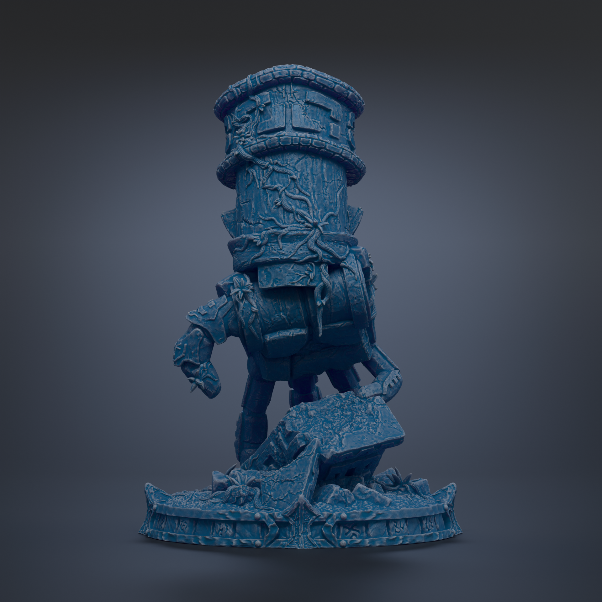 A 3D rendering of a blue, stone-like statue or sculpture depicting a horse-like creature with a tower-like structure on top.
