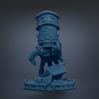 A 3D rendering of a blue, stone-like statue or sculpture depicting a horse-like creature with a tower-like structure on top.