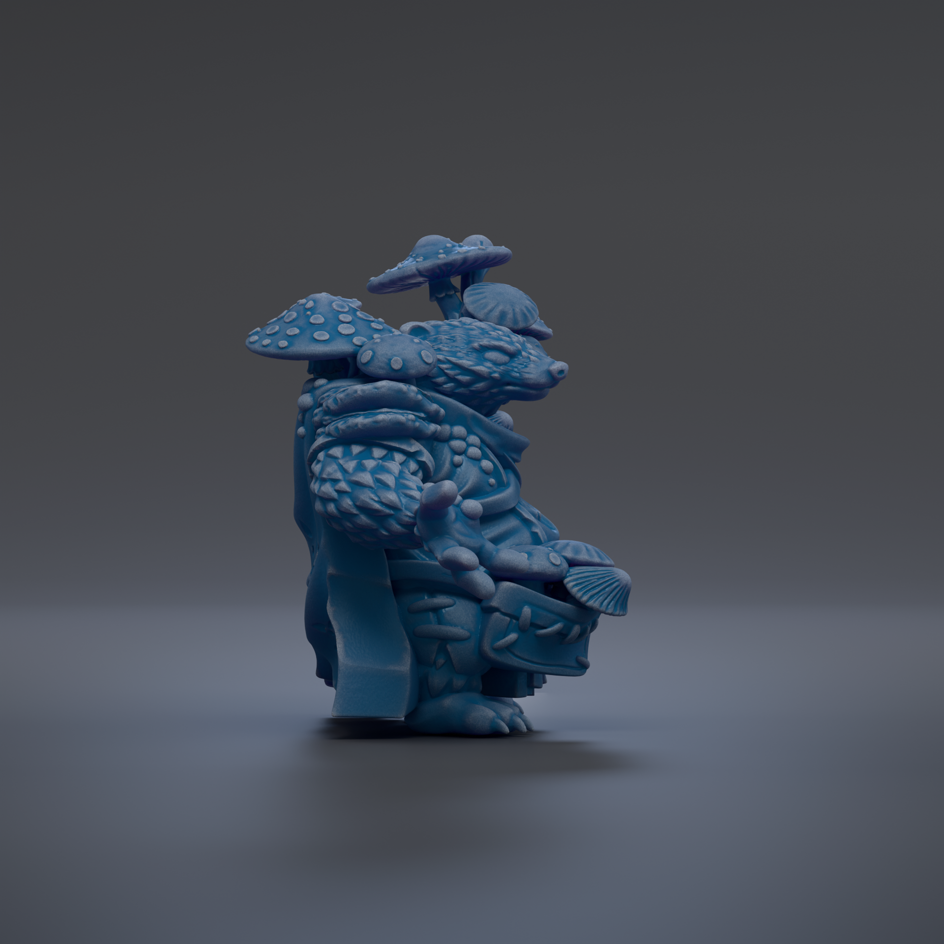 A blue, fantastical creature resembling a dragon or serpent stands on a gray surface, surrounded by mushrooms and other organic shapes.