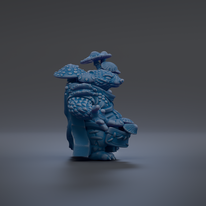 A blue, fantastical creature resembling a dragon or serpent stands on a gray surface, surrounded by mushrooms and other organic shapes.