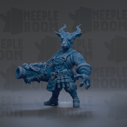 A blue, horned, and armored character holding a large gun, standing against a dark background with repeated text.