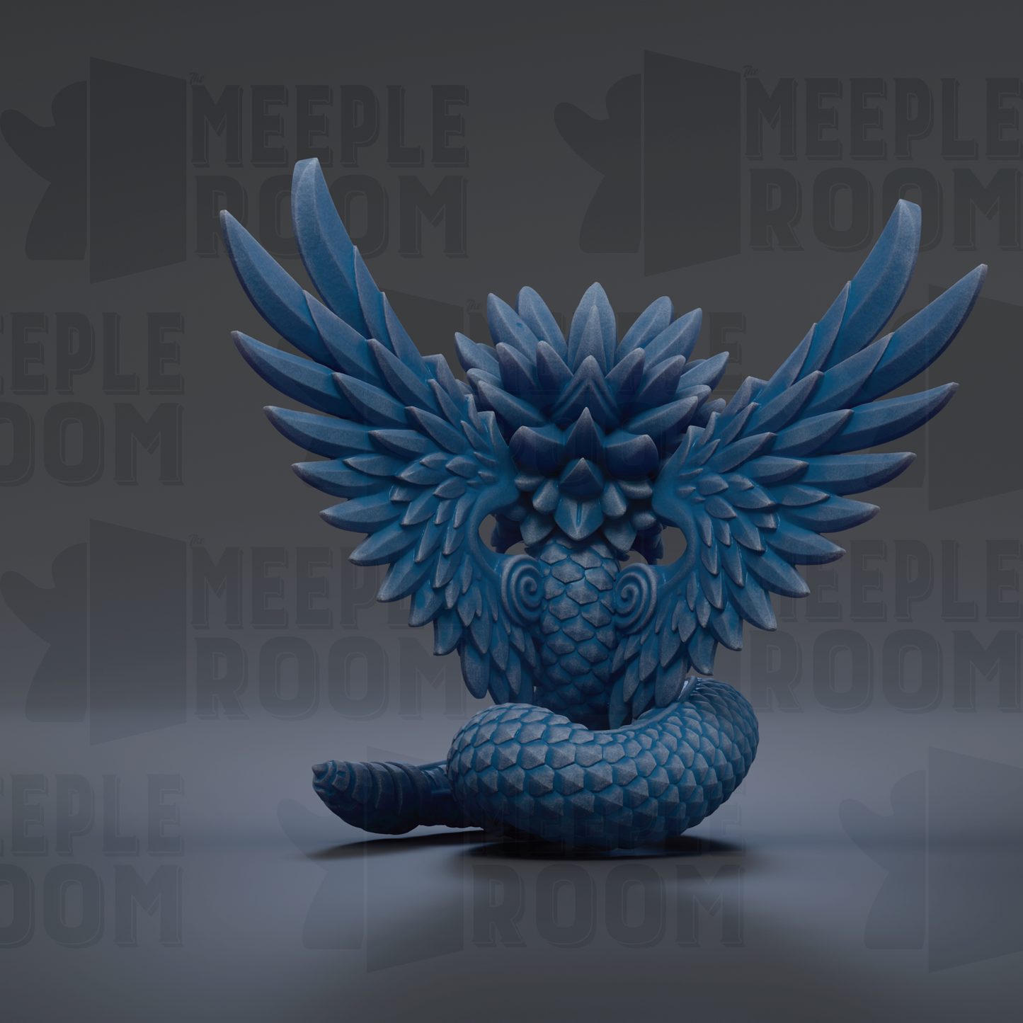 A blue, winged creature with a snake-like body is depicted in the image.