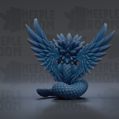 A blue, winged creature with a snake-like body is depicted in the image.