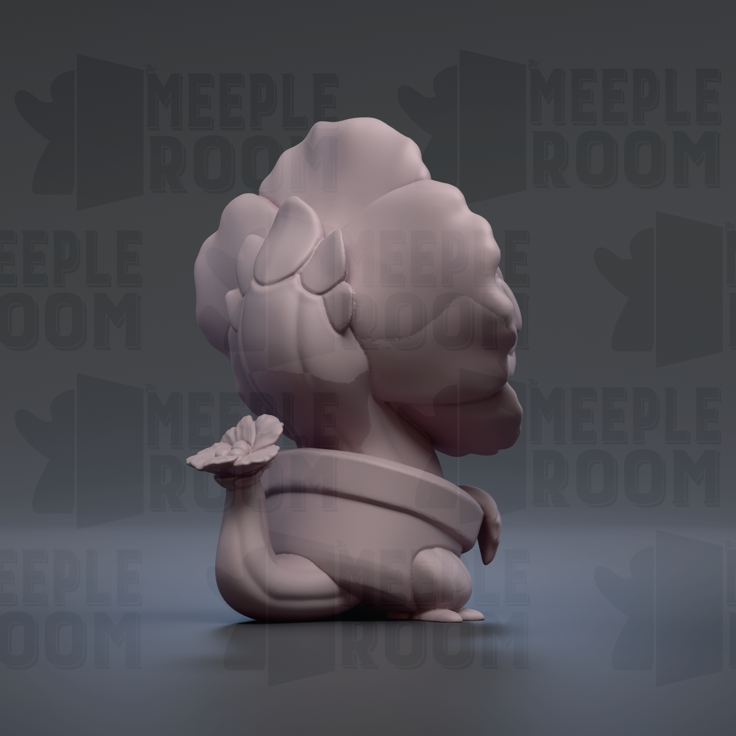 A 3D rendering of a small, pink-colored figurine with a flower-like shape on its head, sitting on a surface.