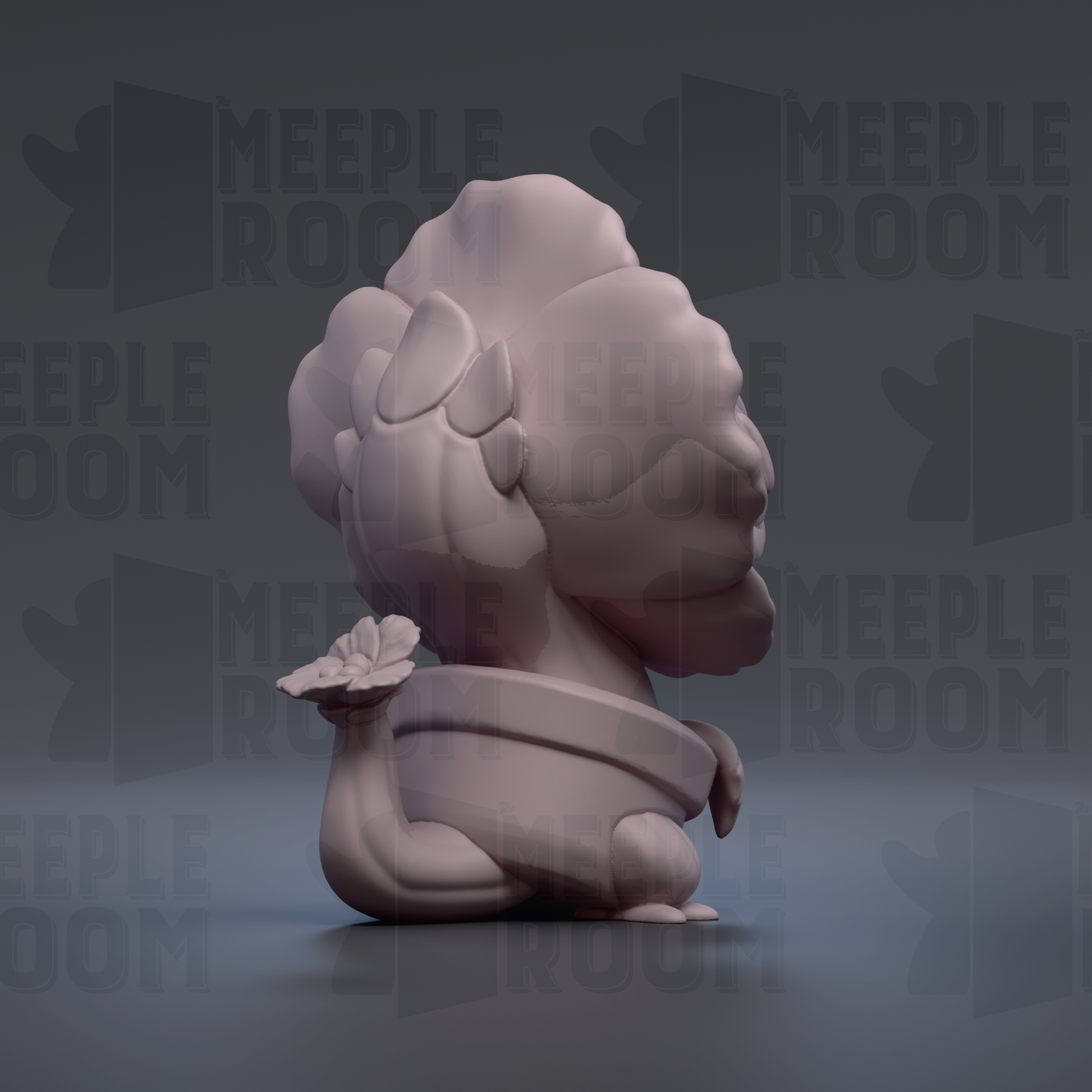 A 3D rendering of a small, pink-colored figurine with a flower-like shape on its head, sitting on a surface.