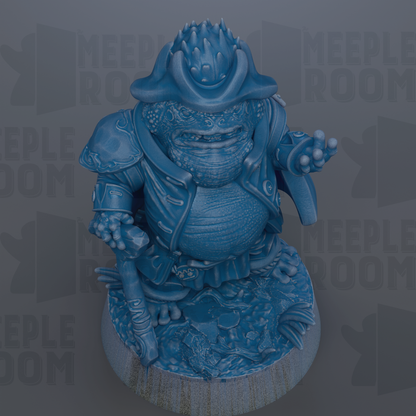 A blue, 3D-rendered statue of a fantastical creature with a large head, armored body, and a pointed hat.
