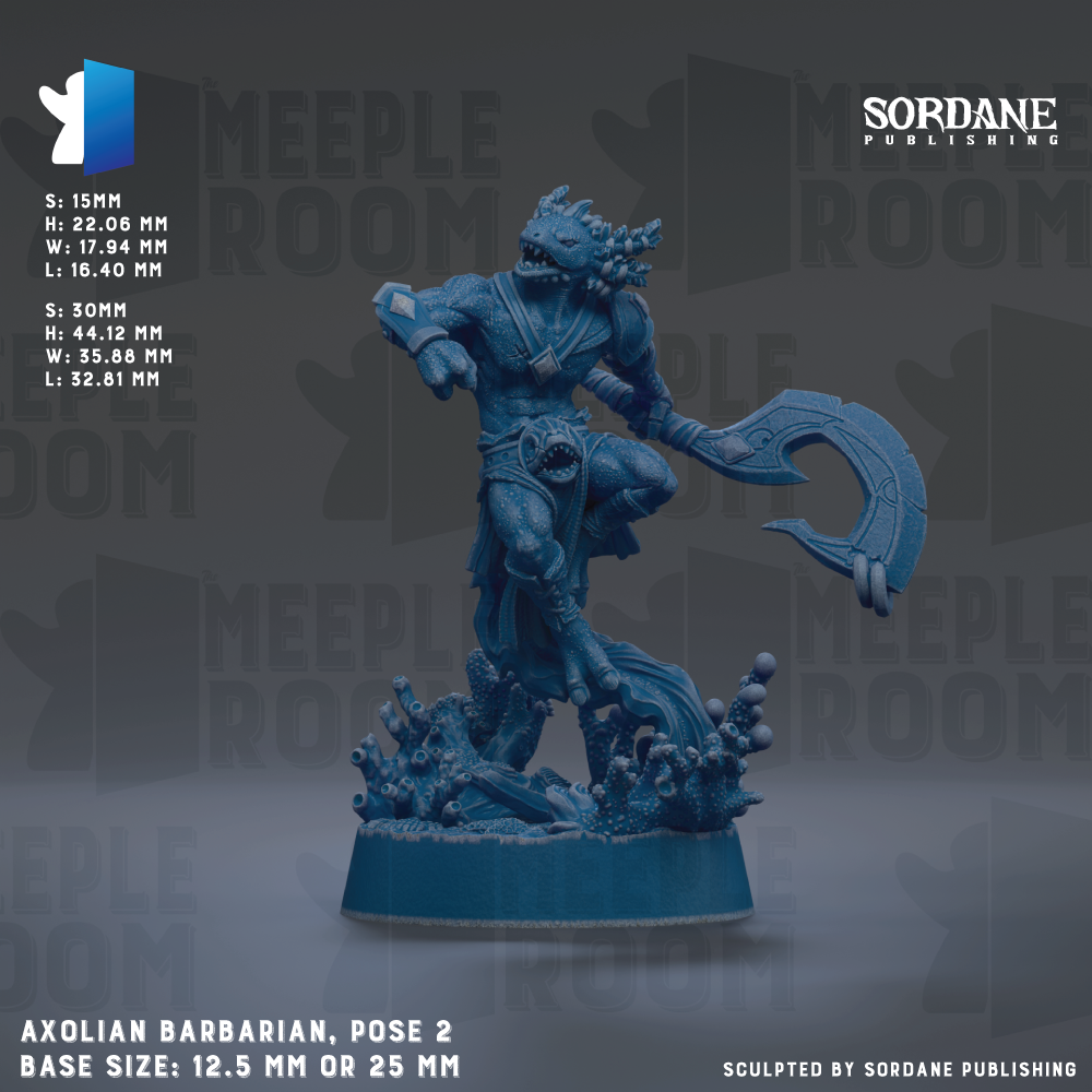 The image is a figurine of an axlian barbarian, a type of fantasy creature, posed in a dynamic fighting stance. The figurine is blue in color and appears to be made of a material that resembles stone or metal. The figurine is set against a dark background, which contrasts with its vibrant color. The figurine is described as a pose 2, with a base size of either 12.5 mm or 25 mm. The image is published by Sordane Publishing.