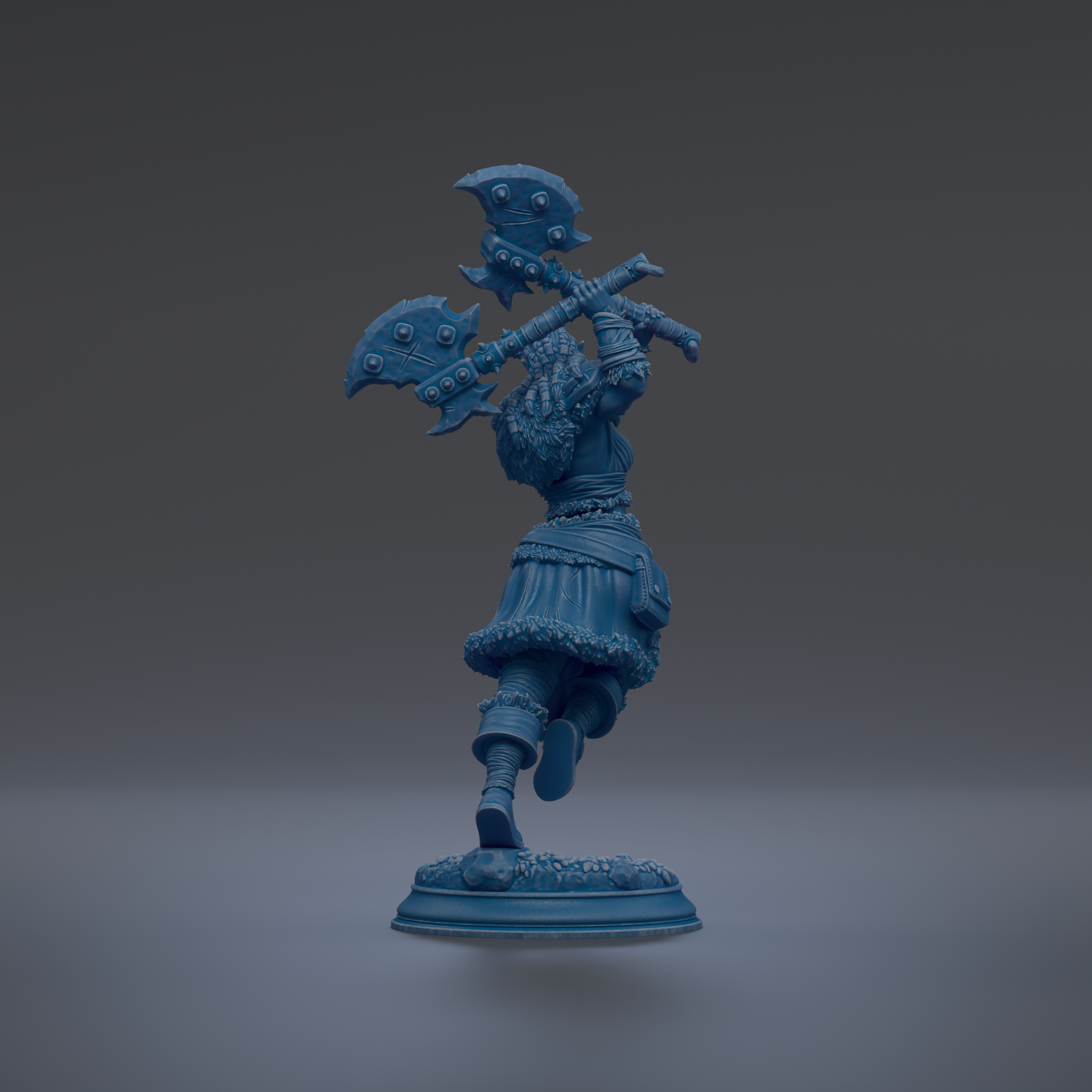 A blue figurine of a warrior figure holding a sword and shield, standing on a base against a dark background.