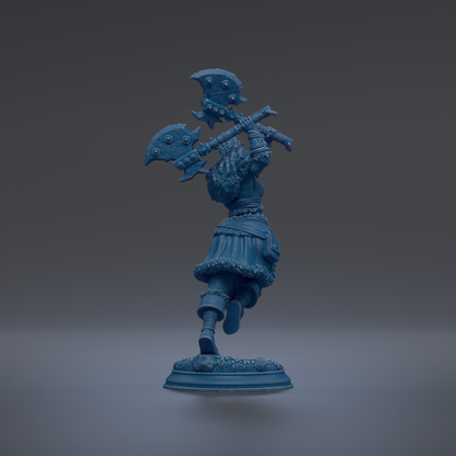 A blue figurine of a warrior figure holding a sword and shield, standing on a base against a dark background.