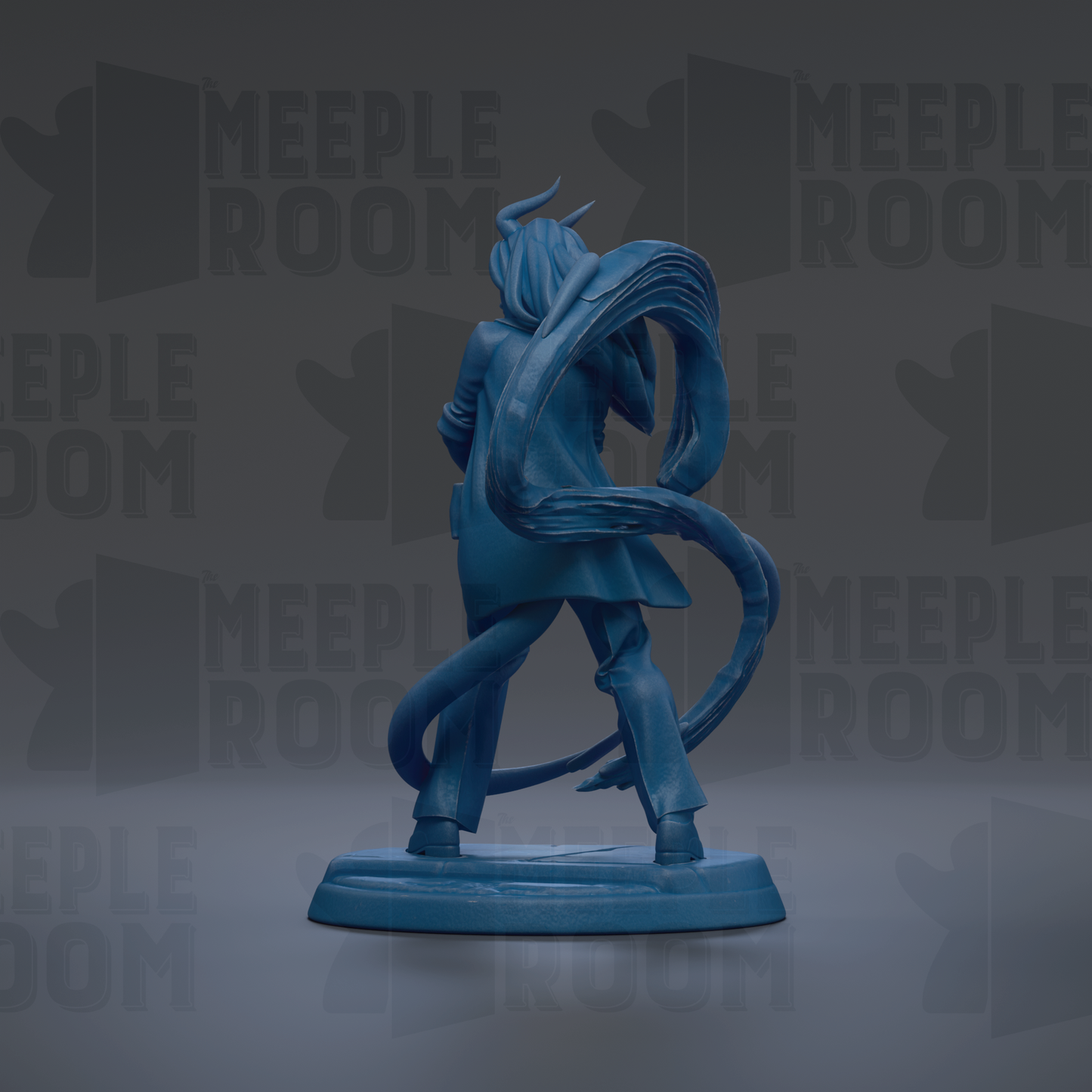 A blue figurine of a person with horns and a flowing cape, standing on a base and facing away from the camera.