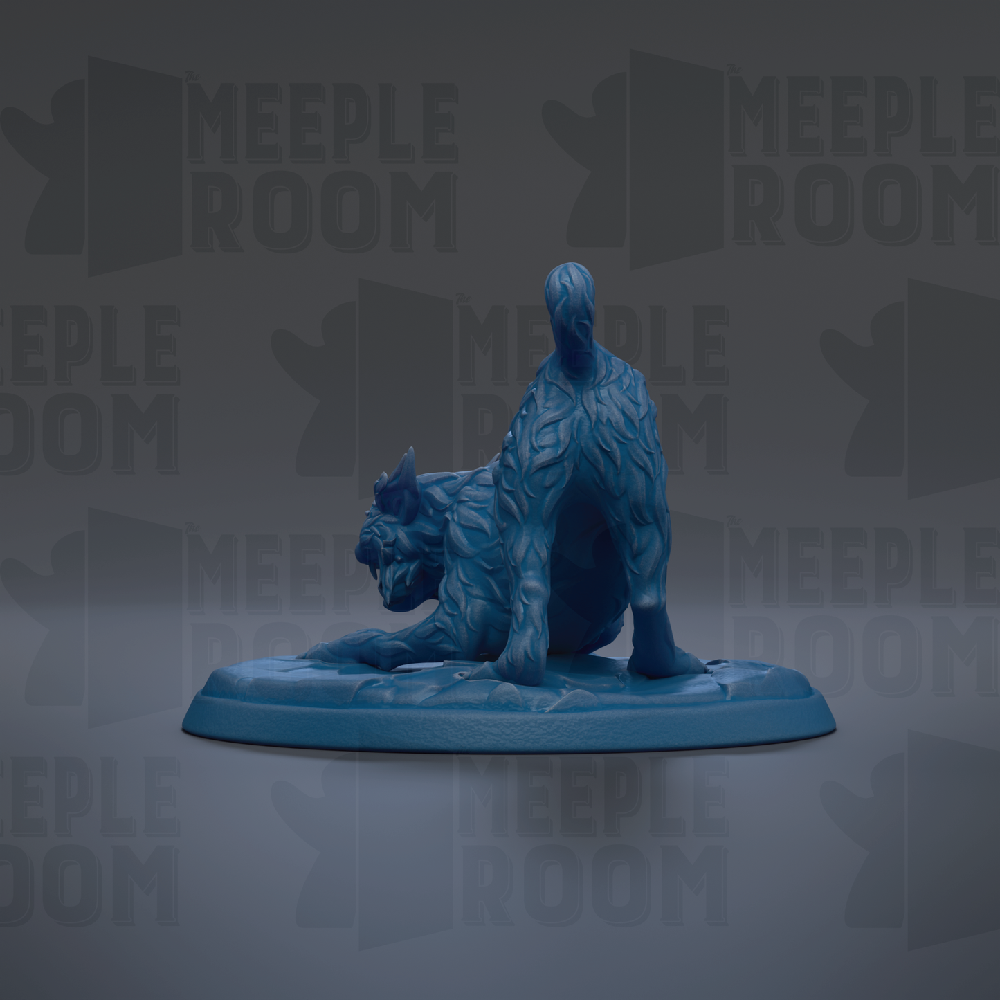 A blue, 3D-rendered statue of a cat is displayed on a blue base against a gray background with repeated "MEIPLE ROOM" text.