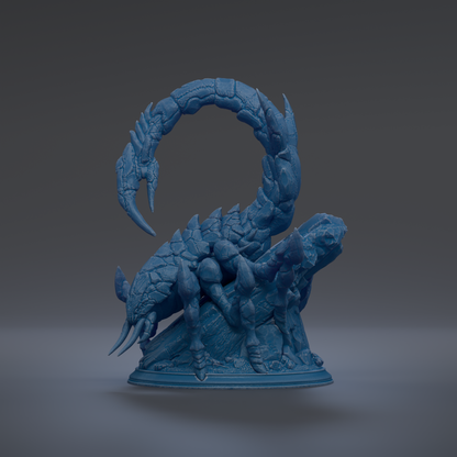 A 3D rendering of a blue, clawed creature resembling a scorpion or spider, with a curled body and sharp claws.