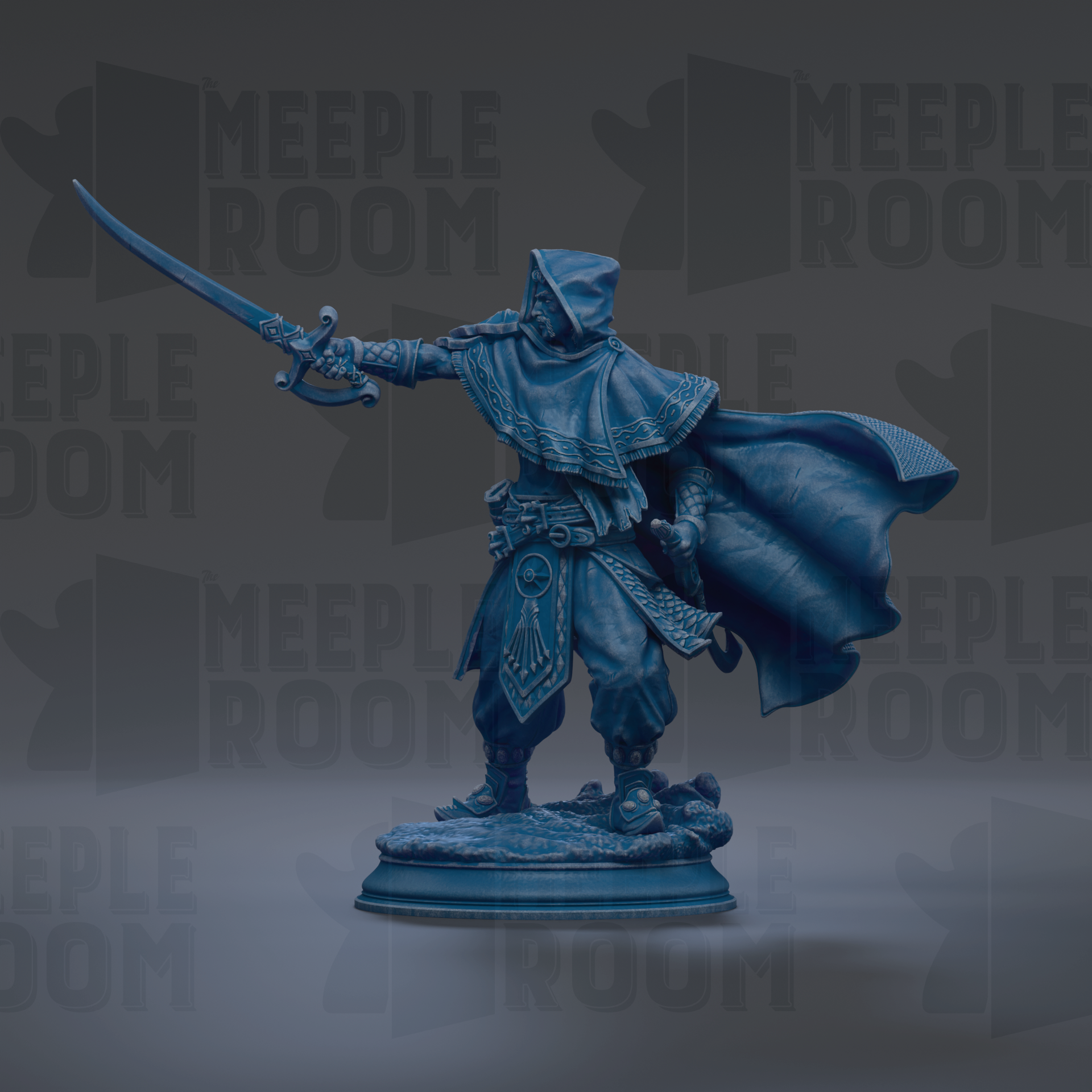 A blue statue of a warrior figure with a sword and shield, standing on a pedestal against a dark background with repeated text.