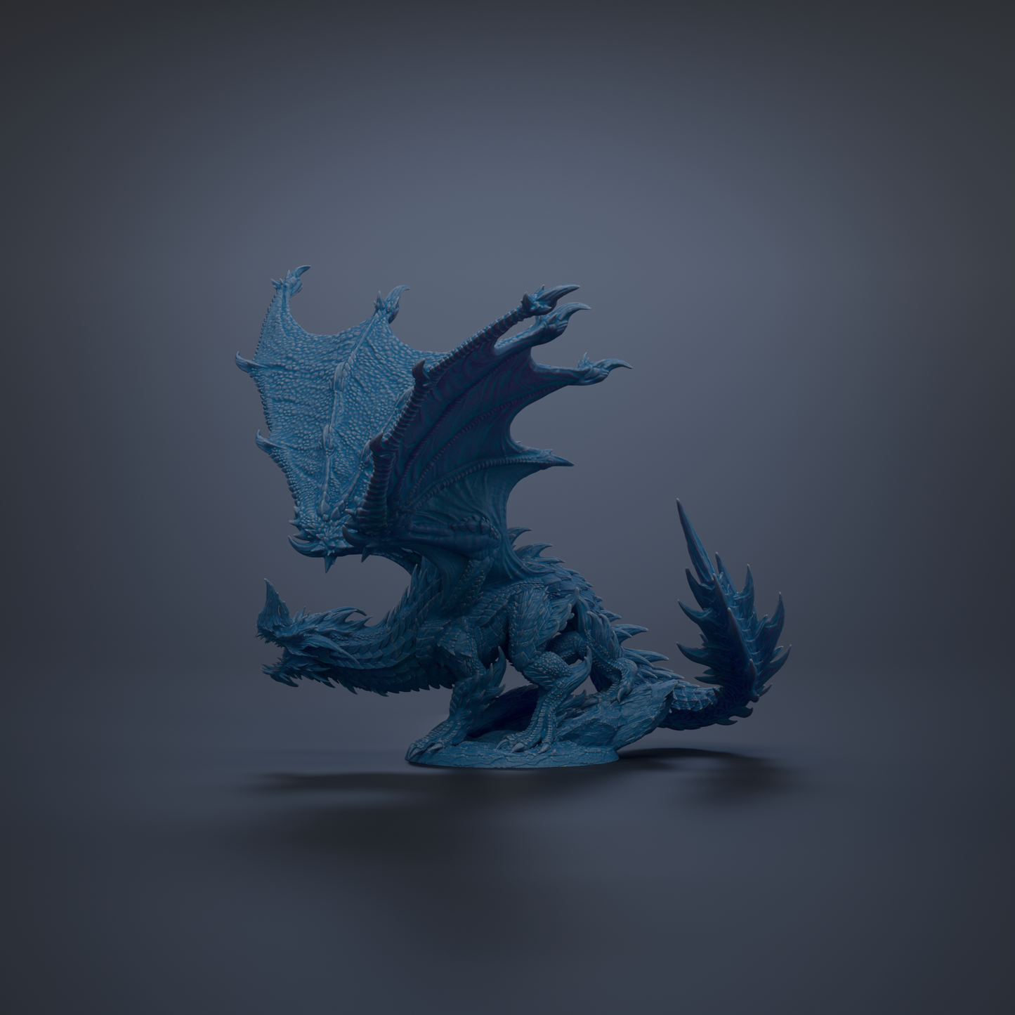 A 3D rendering of a blue dragon-like creature with sharp teeth and claws, standing on one leg against a dark background.