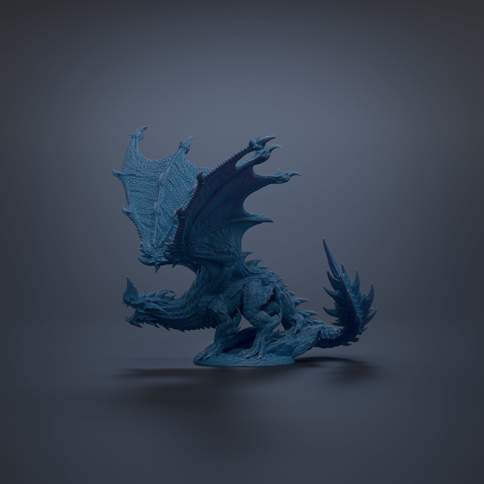 A 3D rendering of a blue dragon-like creature with sharp teeth and claws, standing on one leg against a dark background.