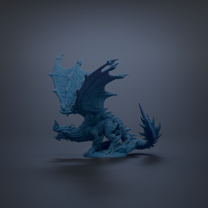 A 3D rendering of a blue dragon-like creature with sharp teeth and claws, standing on one leg against a dark background.