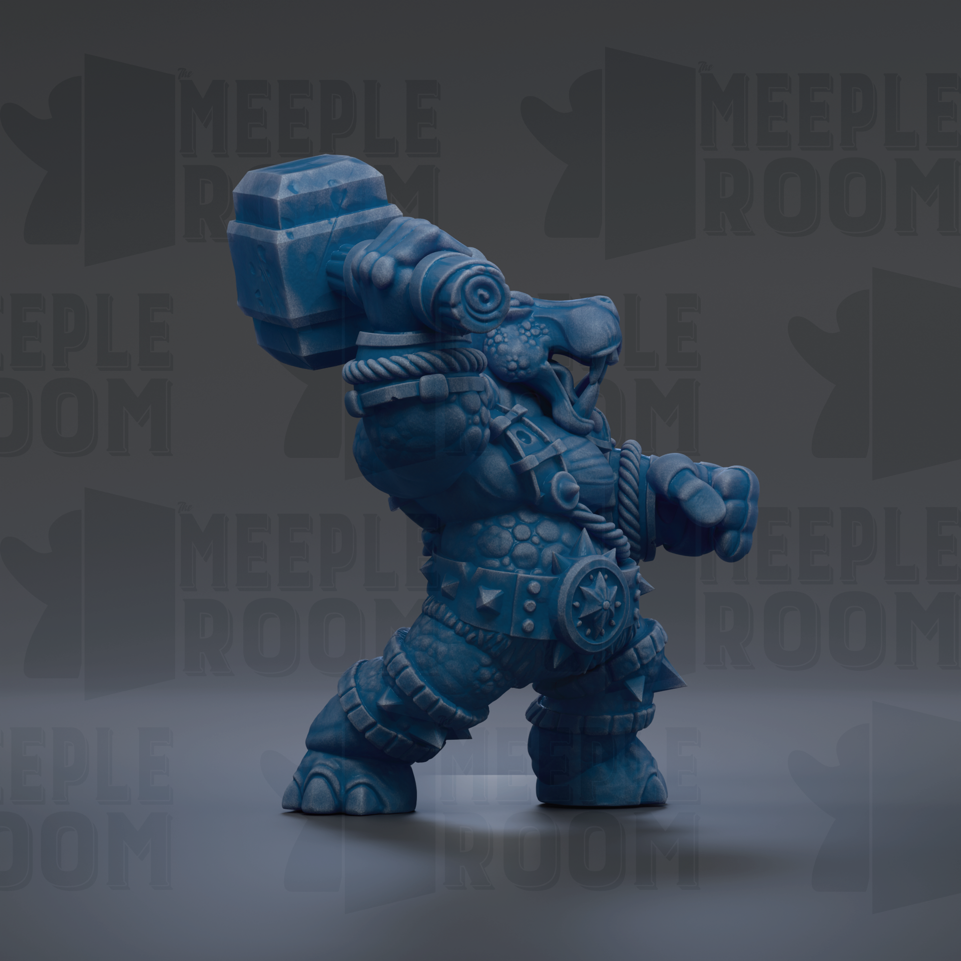 A blue, armored fantasy creature with a large hammer-like weapon on its back, standing in a fighting stance.