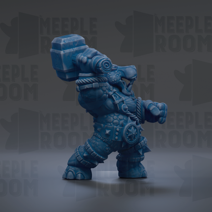 A blue, armored fantasy creature with a large hammer-like weapon on its back, standing in a fighting stance.