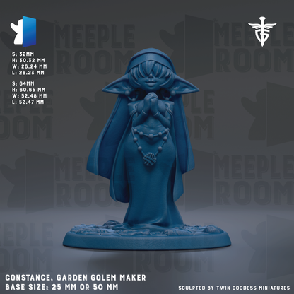 The image is a figurine of a garden gnome maker, specifically the Constance, Garden Gnome Maker, based on the size of 25mm or 50mm.