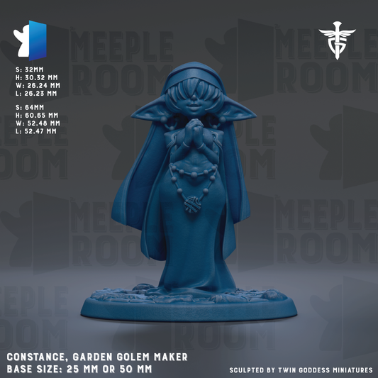 The image is a figurine of a garden gnome maker, specifically the Constance, Garden Gnome Maker, based on the size of 25mm or 50mm.