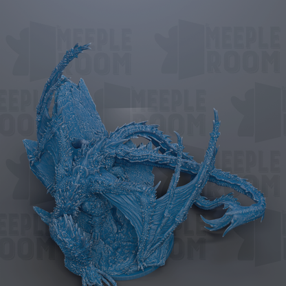 A detailed 3D rendering of a blue dragon-like creature with sharp teeth and claws, set against a dark background with repeated text.