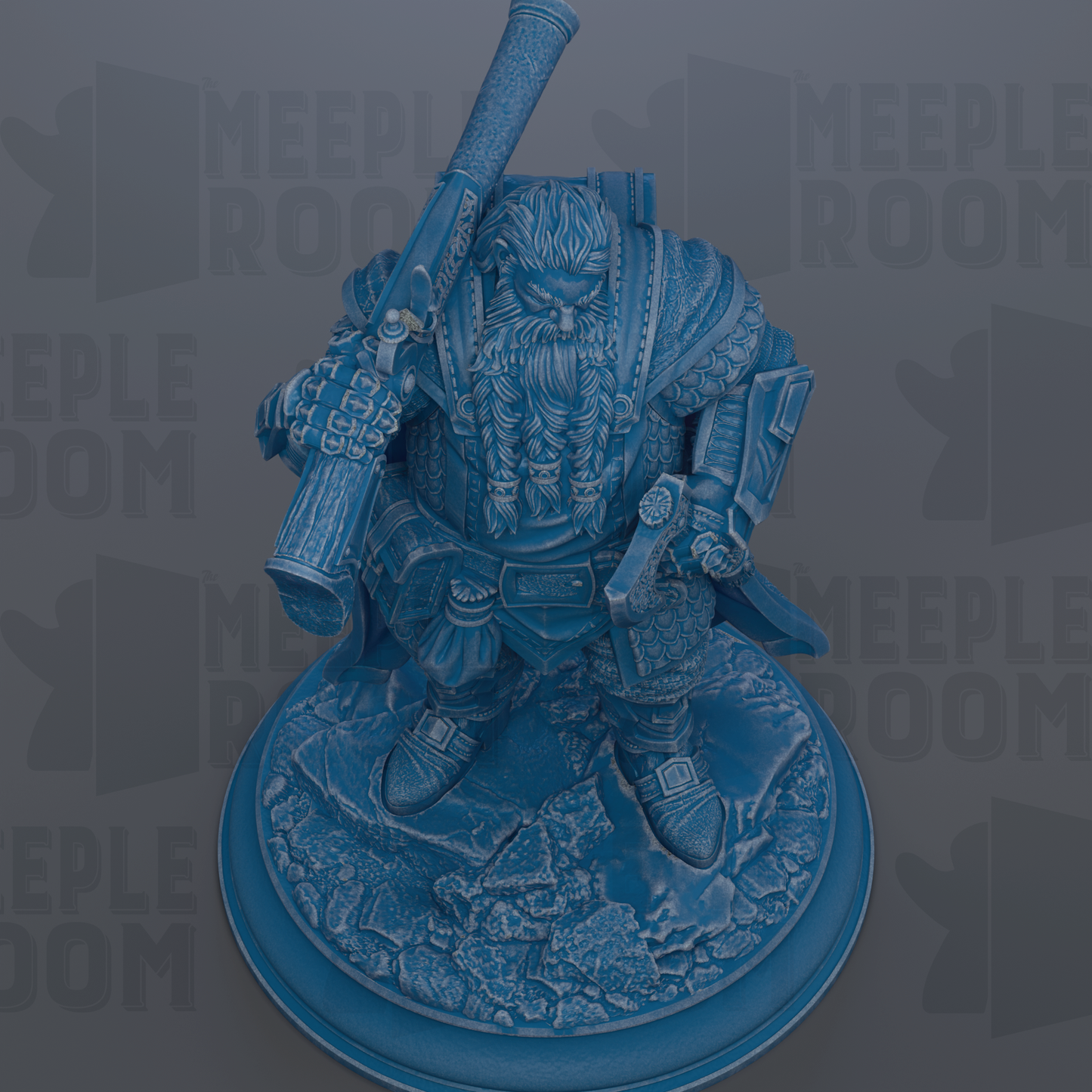 A detailed 3D rendering of a blue-colored statue depicting a bearded, armored figure holding a sword and shield, standing on a rocky base.