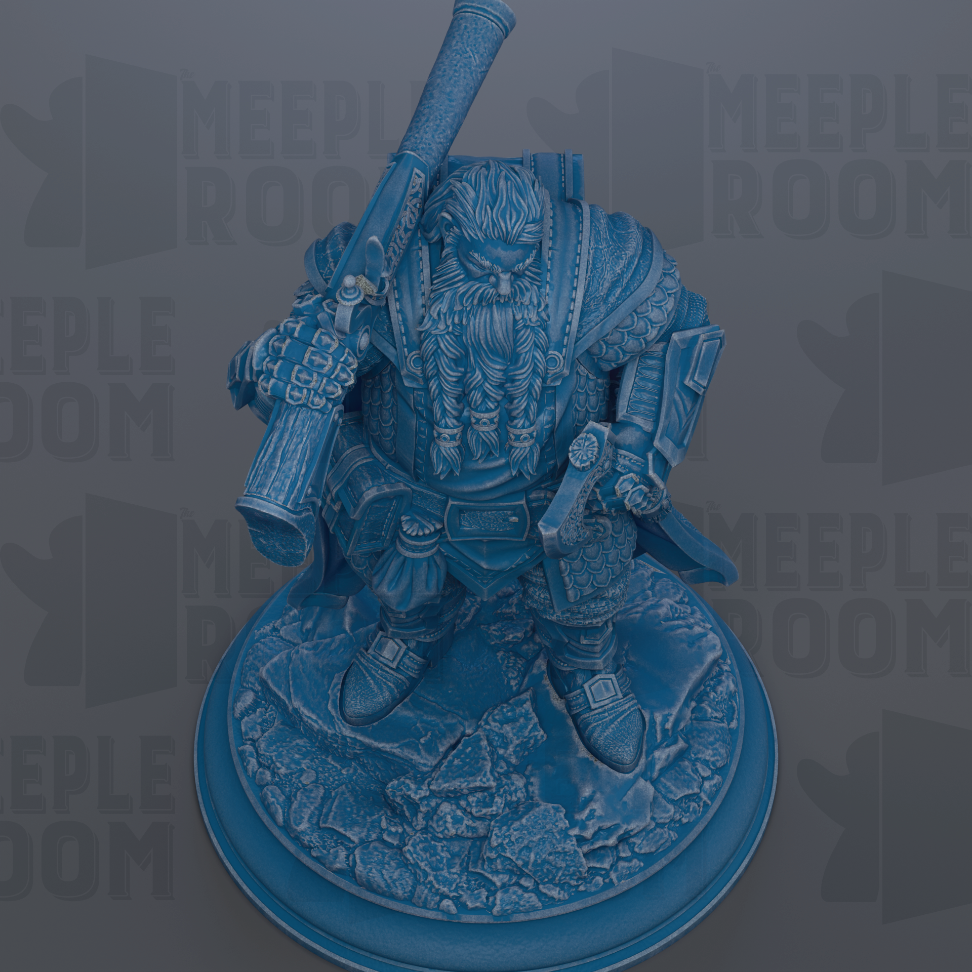 A detailed 3D rendering of a blue-colored statue depicting a bearded, armored figure holding a sword and shield, standing on a rocky base.