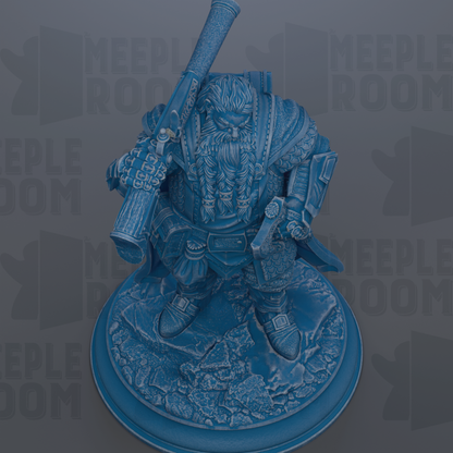 A detailed 3D rendering of a blue-colored statue depicting a bearded, armored figure holding a sword and shield, standing on a rocky base.
