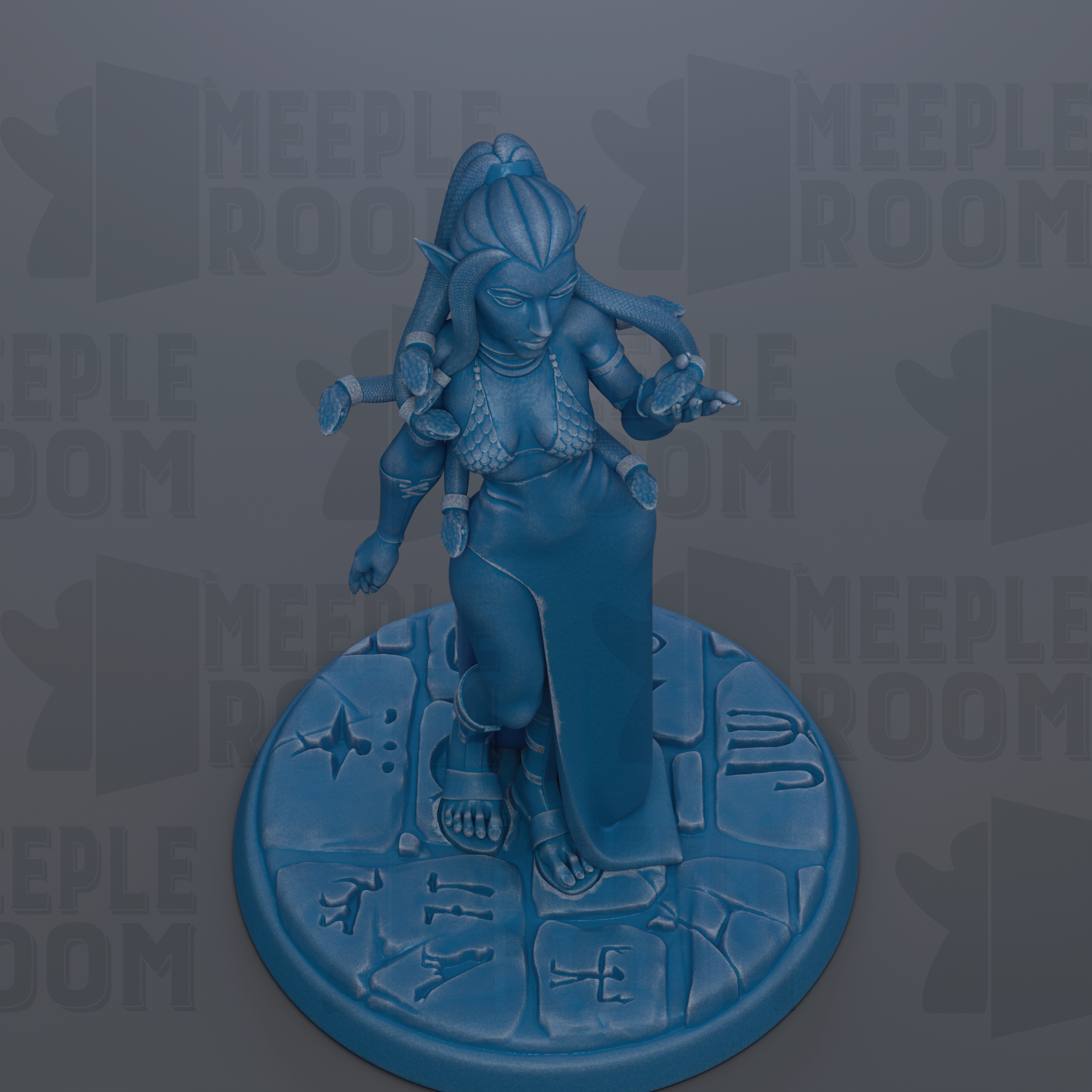 A blue figurine of a woman with multiple arms and a long, flowing skirt, standing on a circular base with various symbols and designs.