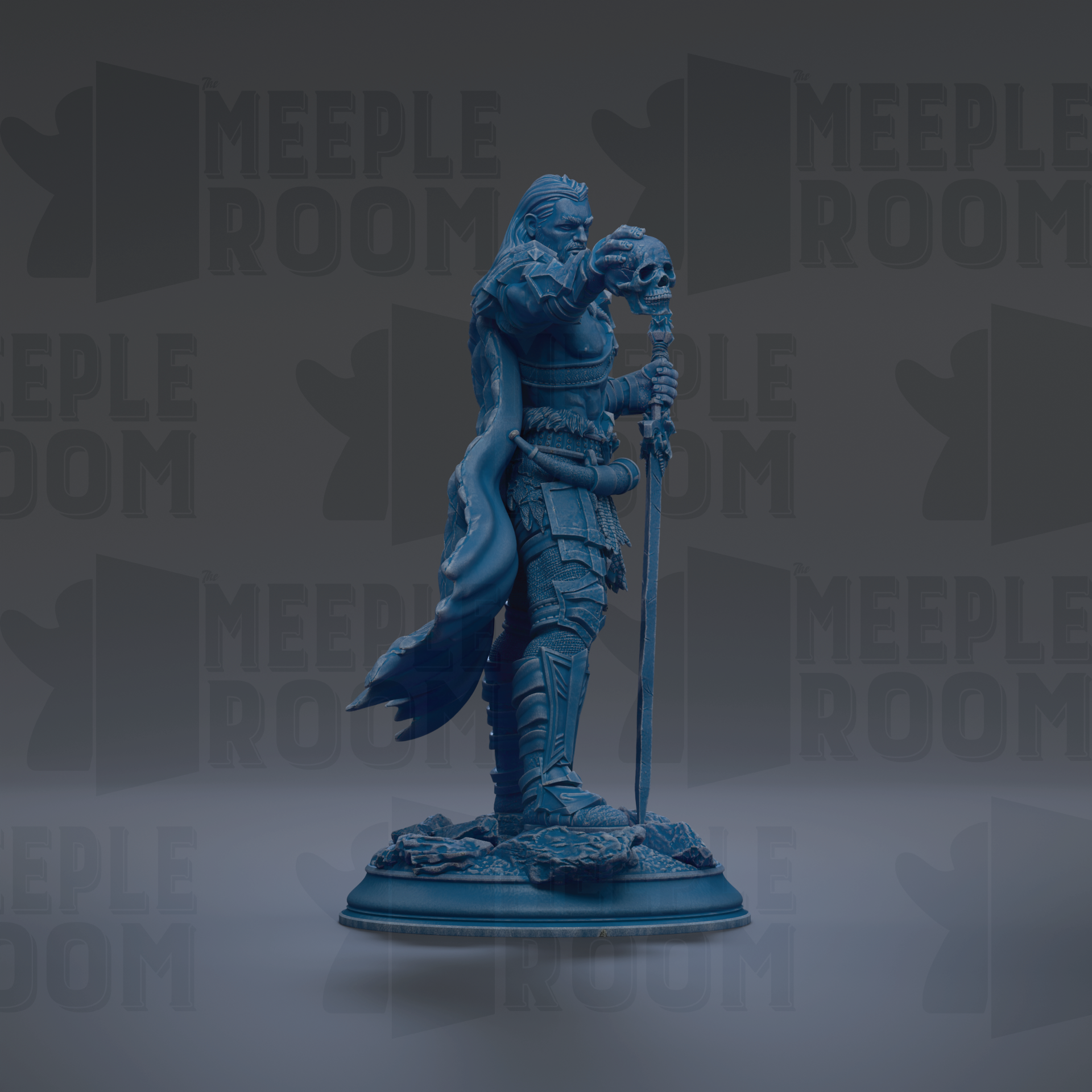 A blue statue of a warrior figure holding a sword and shield, standing on a pedestal.