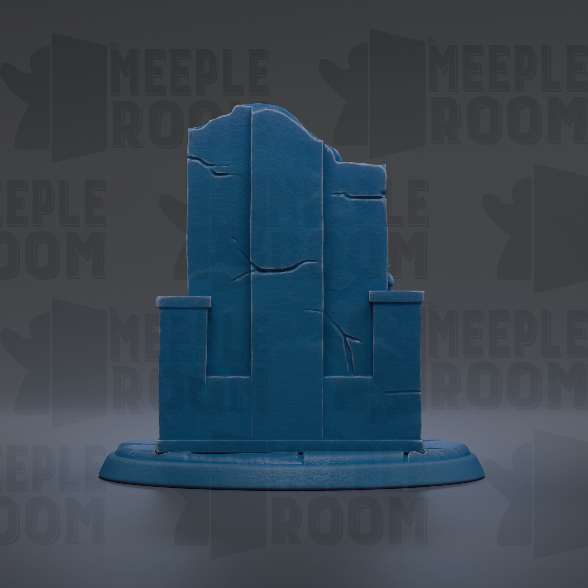 a blue, stone-like structure with a textured surface, standing on a base.
