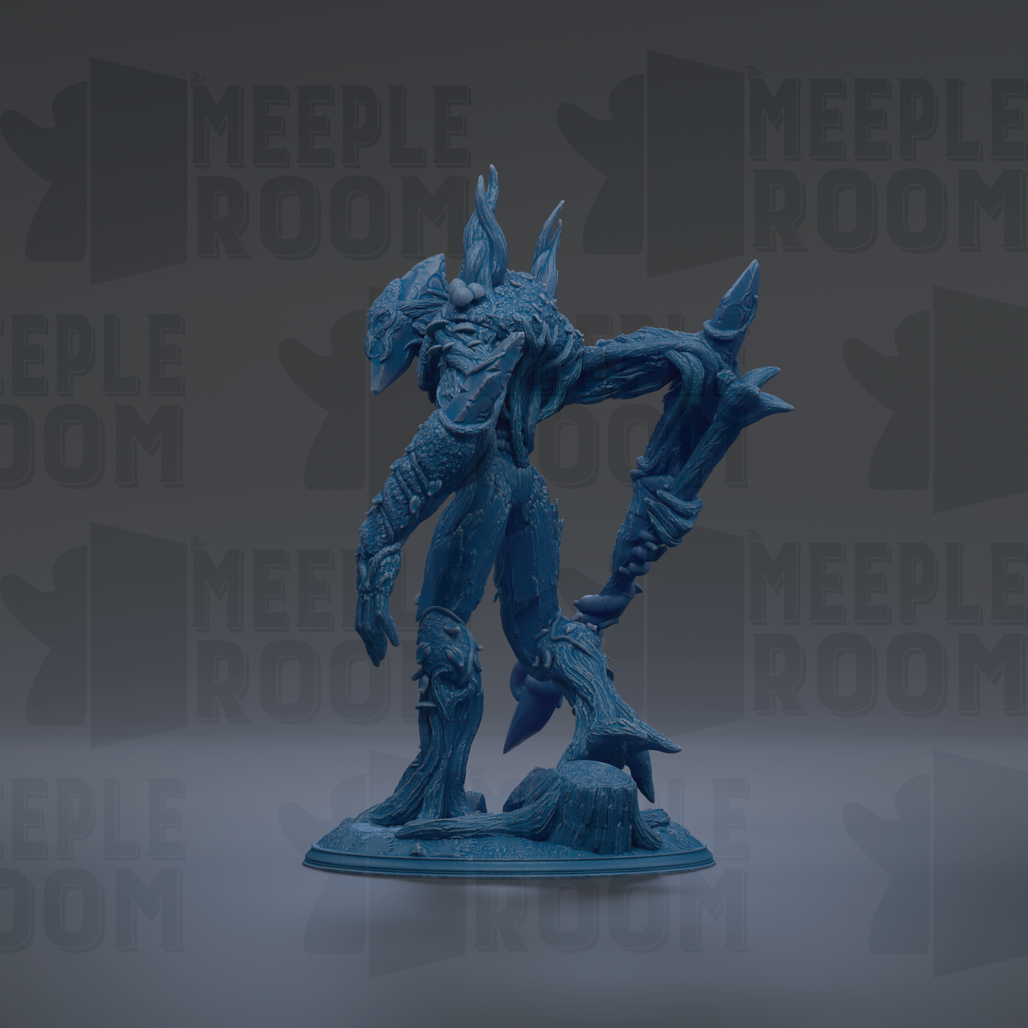 A blue, 3D-rendered figurine of a fantastical creature with sharp, angular features stands prominently in the center of the image.
