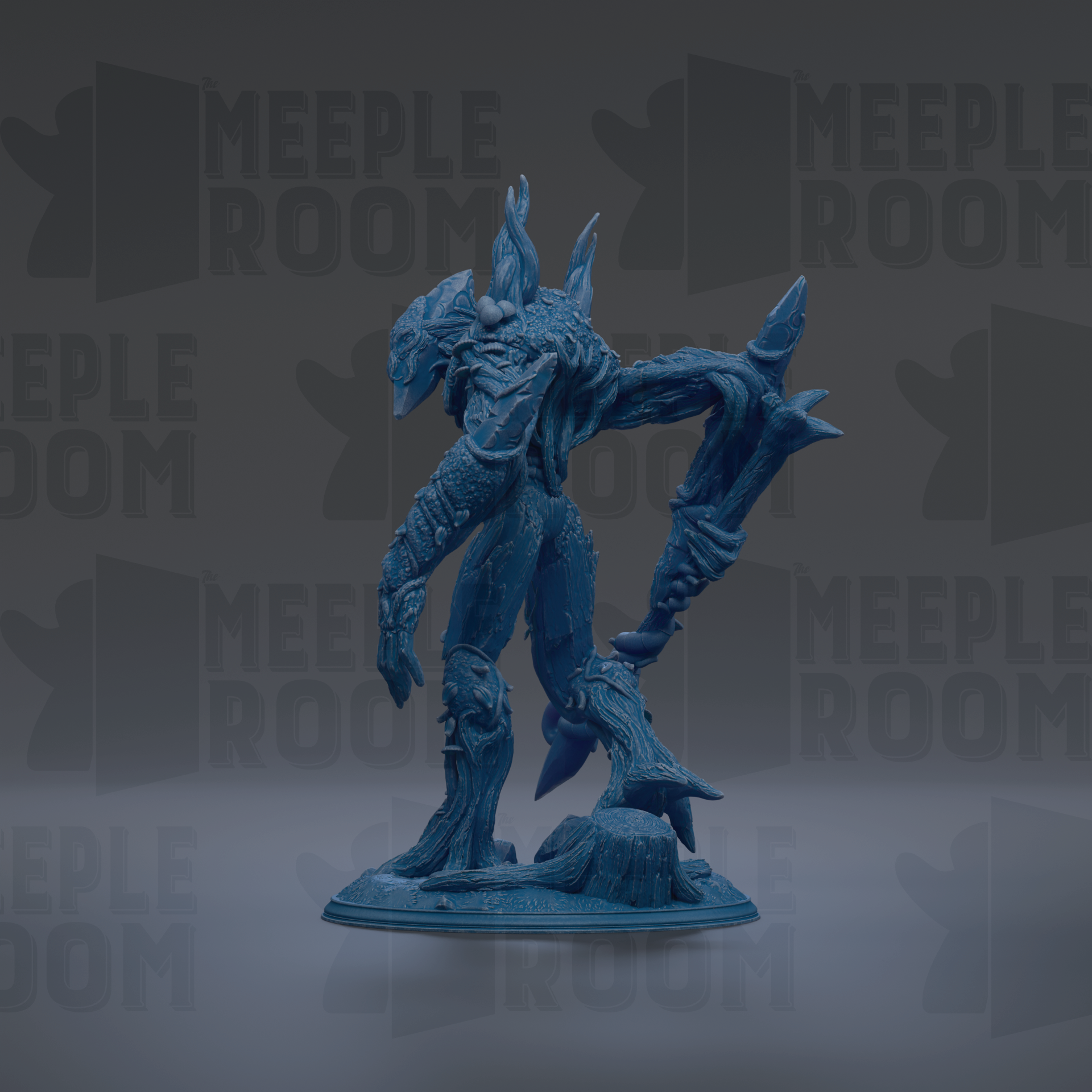 A blue, 3D-rendered figurine of a fantastical creature with sharp, angular features stands prominently in the center of the image.