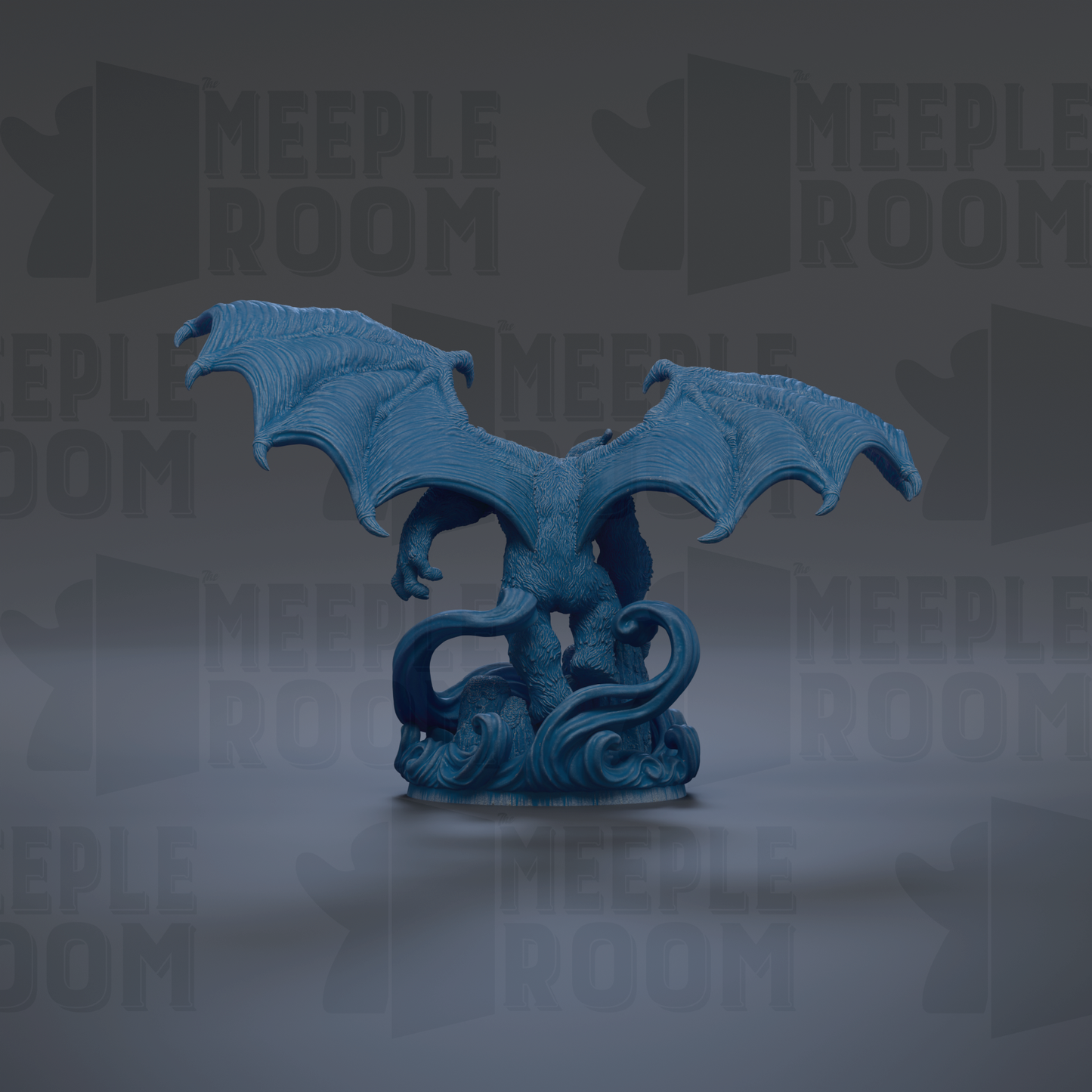 A blue dragon figurine with outstretched wings is the central focus of the image.