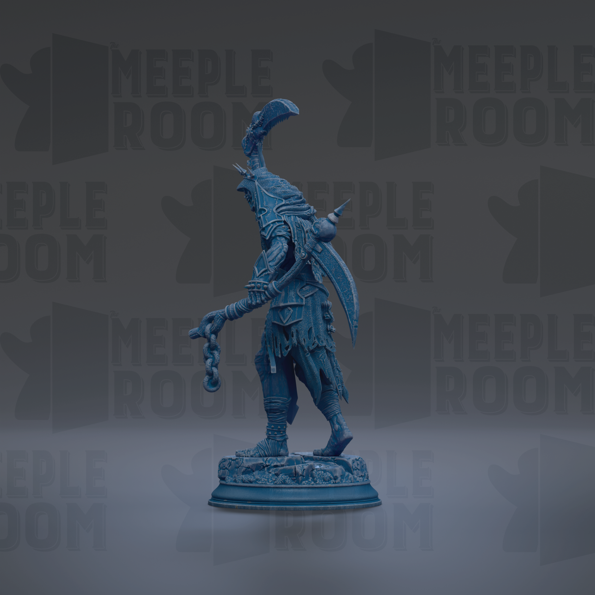 A blue statue of a warrior figure holding a sword and shield, standing on a pedestal against a dark background with repeated "MEIPLE ROOM" text.