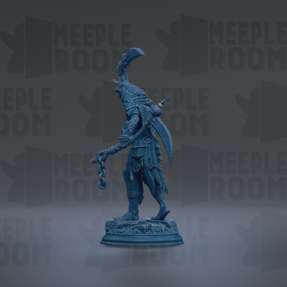 A blue statue of a warrior figure holding a sword and shield, standing on a pedestal against a dark background with repeated "MEIPLE ROOM" text.