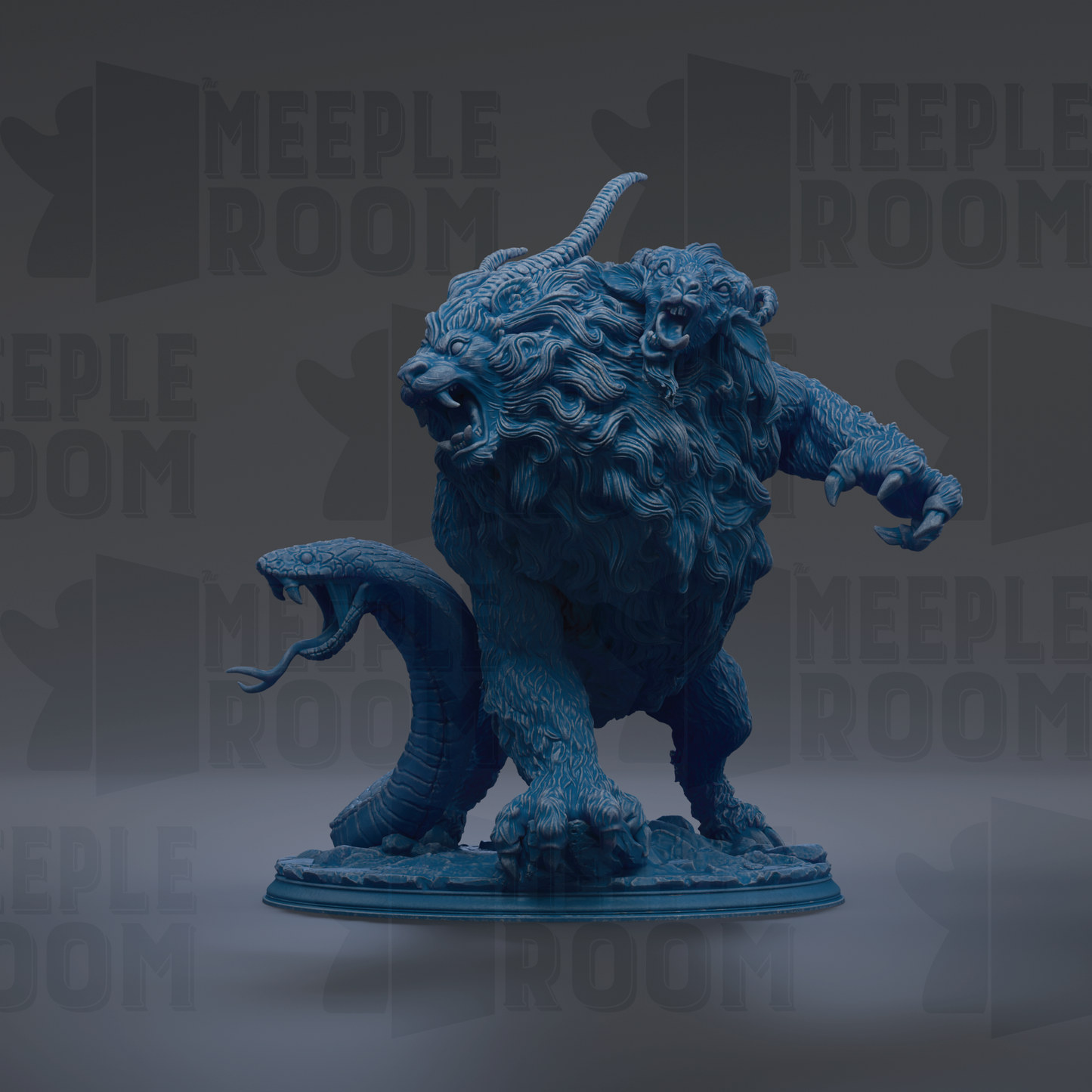A blue, 3D-rendered statue of a fierce-looking creature with horns and a snarling expression, standing on a base.