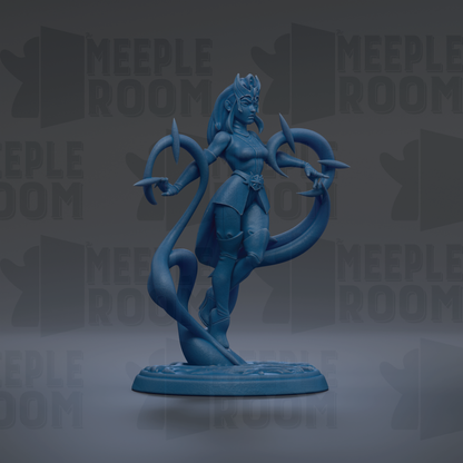 A blue figurine of a female character with a long, flowing skirt and a crown, standing on a base and holding a staff.