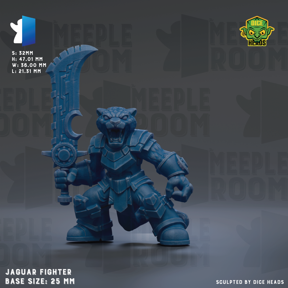 A blue figurine of a Jaguar fighter character, with a sword in its hand, is shown against a dark background.